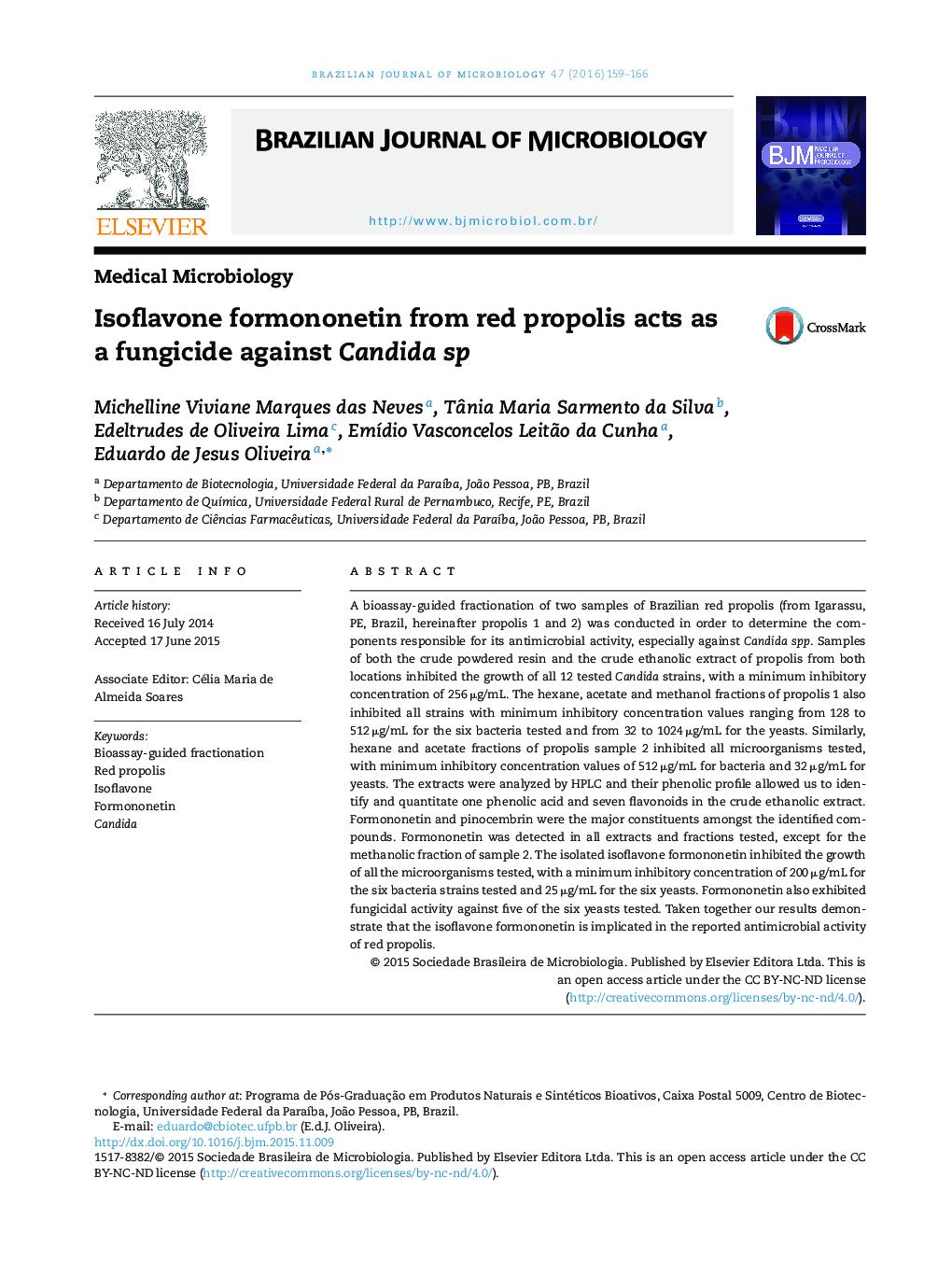 Isoflavone formononetin from red propolis acts as a fungicide against Candida sp