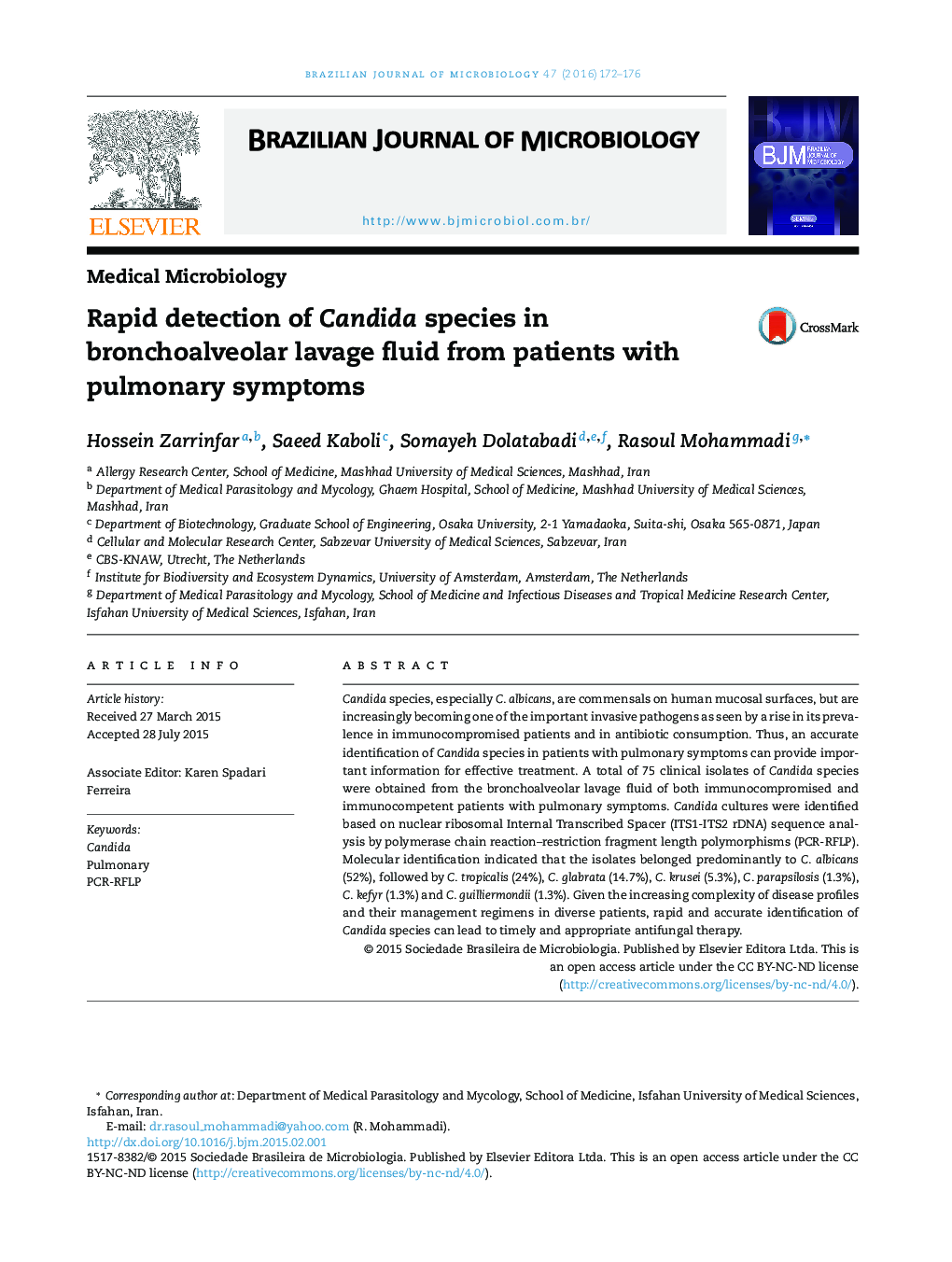 Rapid detection of Candida species in bronchoalveolar lavage fluid from patients with pulmonary symptoms