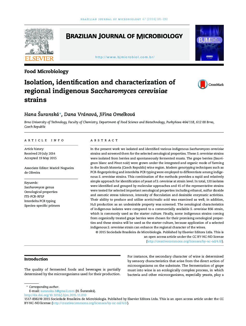 Isolation, identification and characterization of regional indigenous Saccharomyces cerevisiae strains