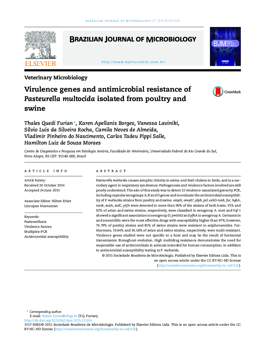 Virulence genes and antimicrobial resistance of Pasteurella multocida isolated from poultry and swine