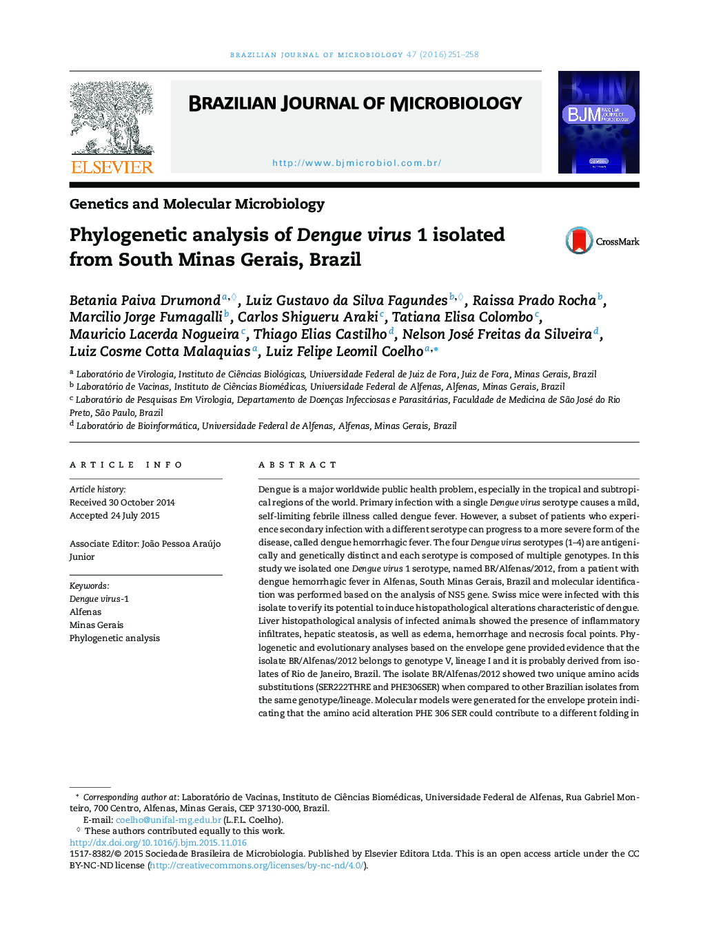 Phylogenetic analysis of Dengue virus 1 isolated from South Minas Gerais, Brazil