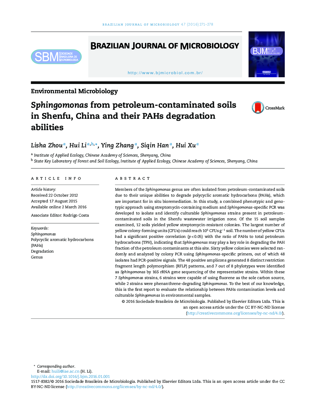 Sphingomonas from petroleum-contaminated soils in Shenfu, China and their PAHs degradation abilities