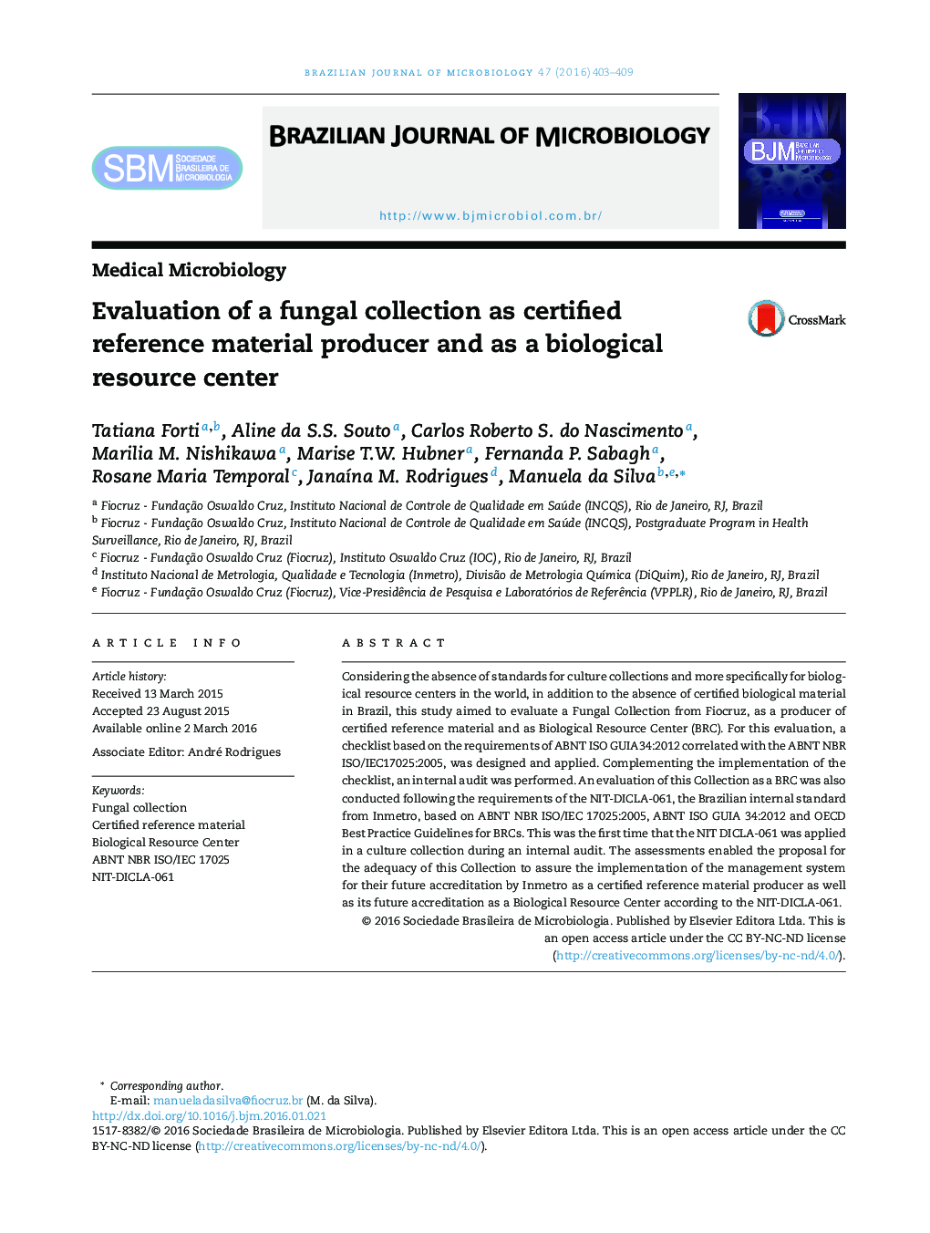 Evaluation of a fungal collection as certified reference material producer and as a biological resource center