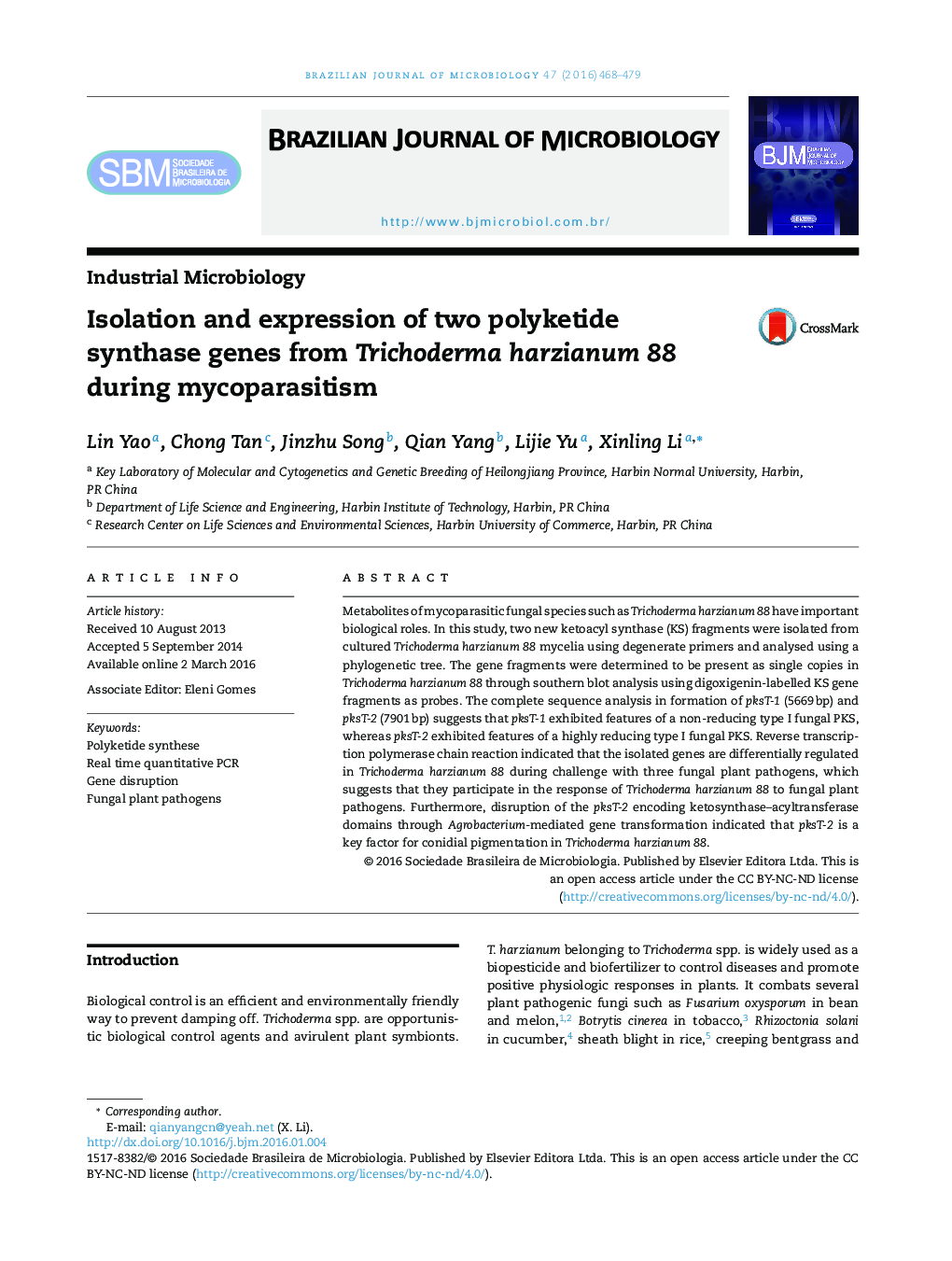 Isolation and expression of two polyketide synthase genes from Trichoderma harzianum 88 during mycoparasitism