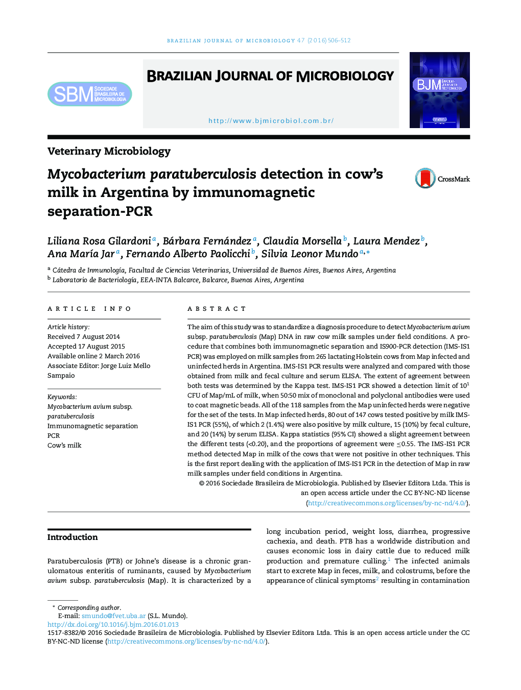 Mycobacterium paratuberculosis detection in cow's milk in Argentina by immunomagnetic separation-PCR