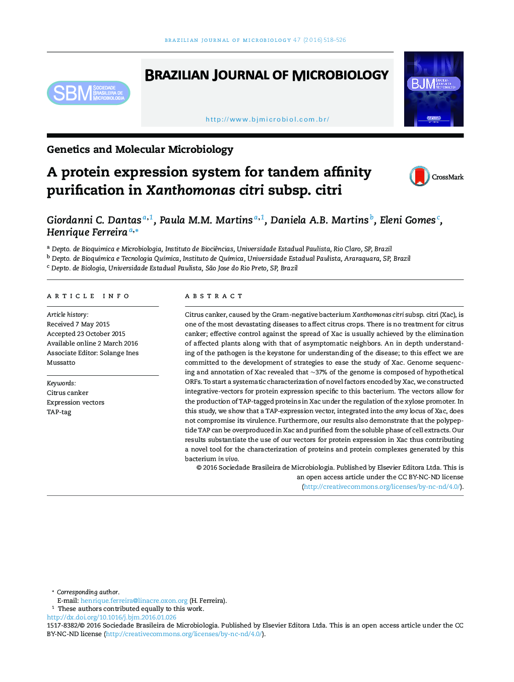 A protein expression system for tandem affinity purification in Xanthomonas citri subsp. citri