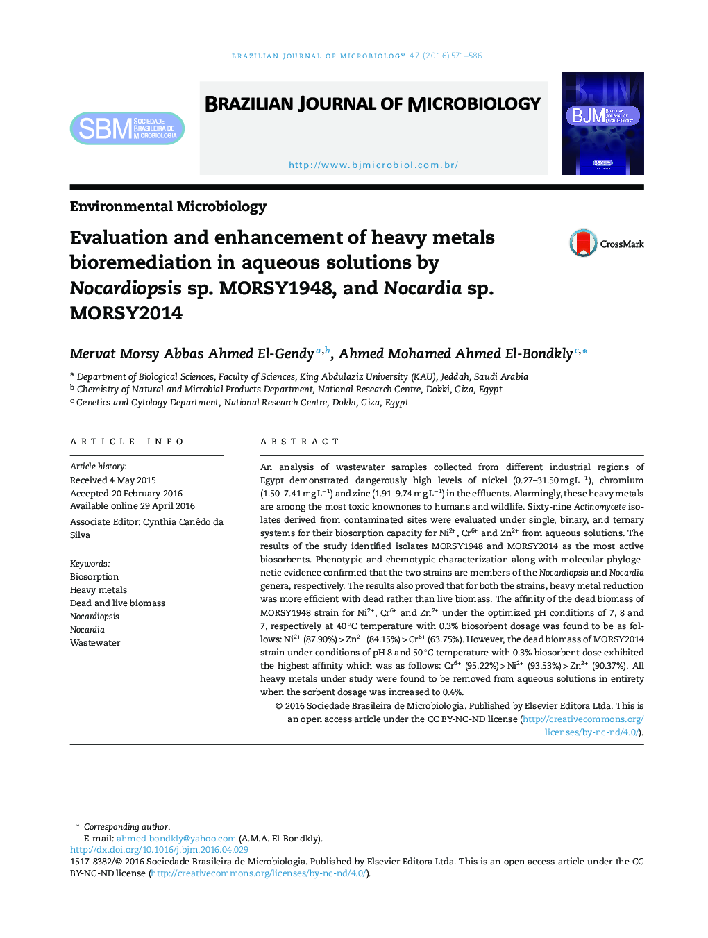 Evaluation and enhancement of heavy metals bioremediation in aqueous solutions by Nocardiopsis sp. MORSY1948, and Nocardia sp. MORSY2014