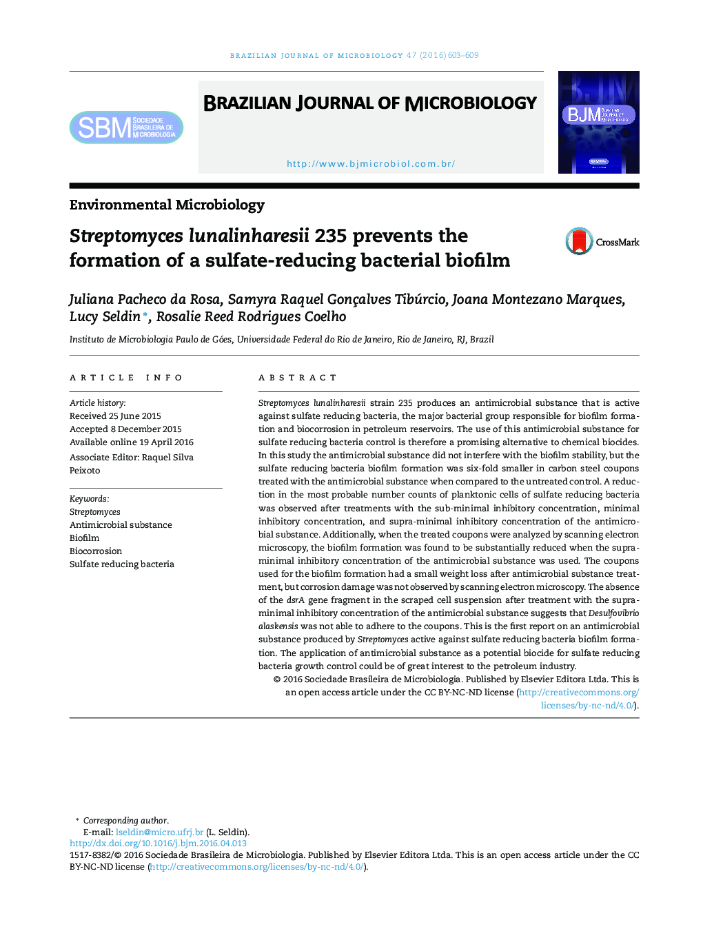 Streptomyces lunalinharesii 235 prevents the formation of a sulfate-reducing bacterial biofilm
