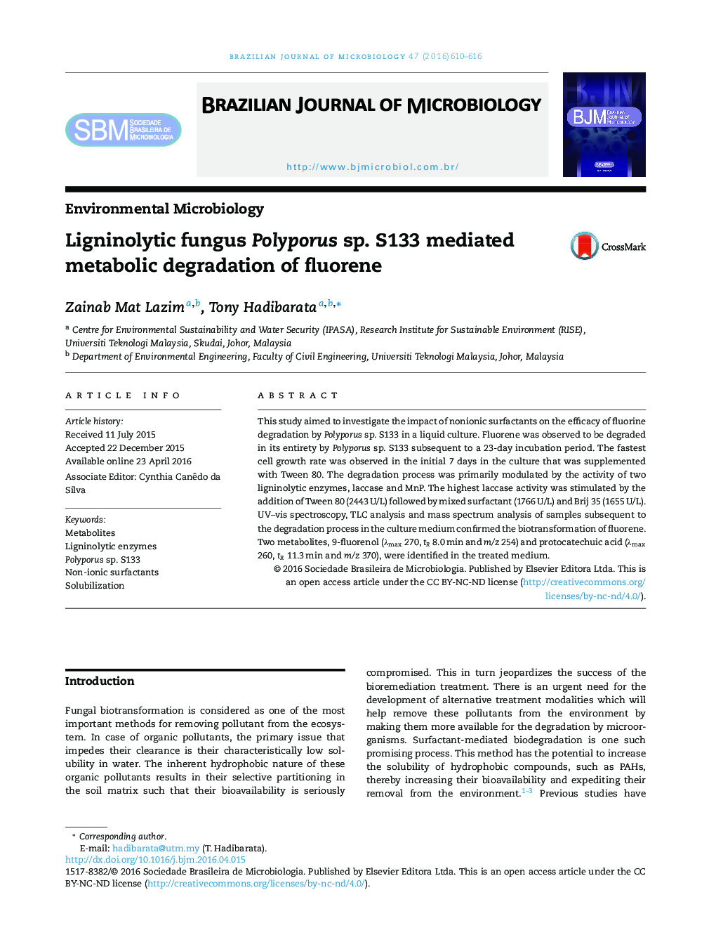 Ligninolytic fungus Polyporus sp. S133 mediated metabolic degradation of fluorene