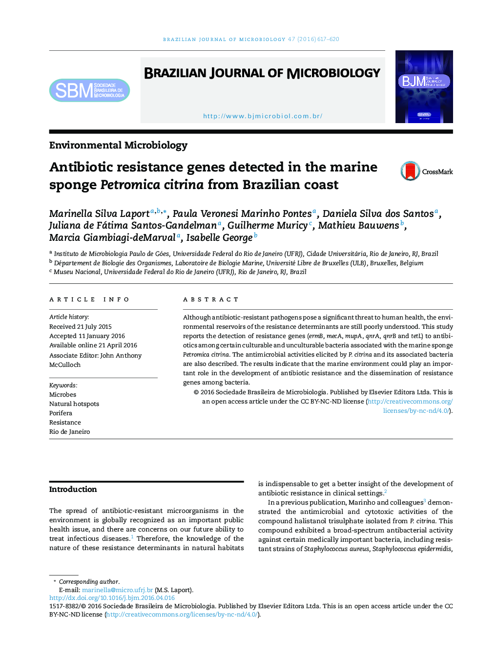 ژن های مقاوم به آنتی بیوتیک تشخیص داده شده در اسفنج دریایی Petromica citrina از ساحل برزیل  