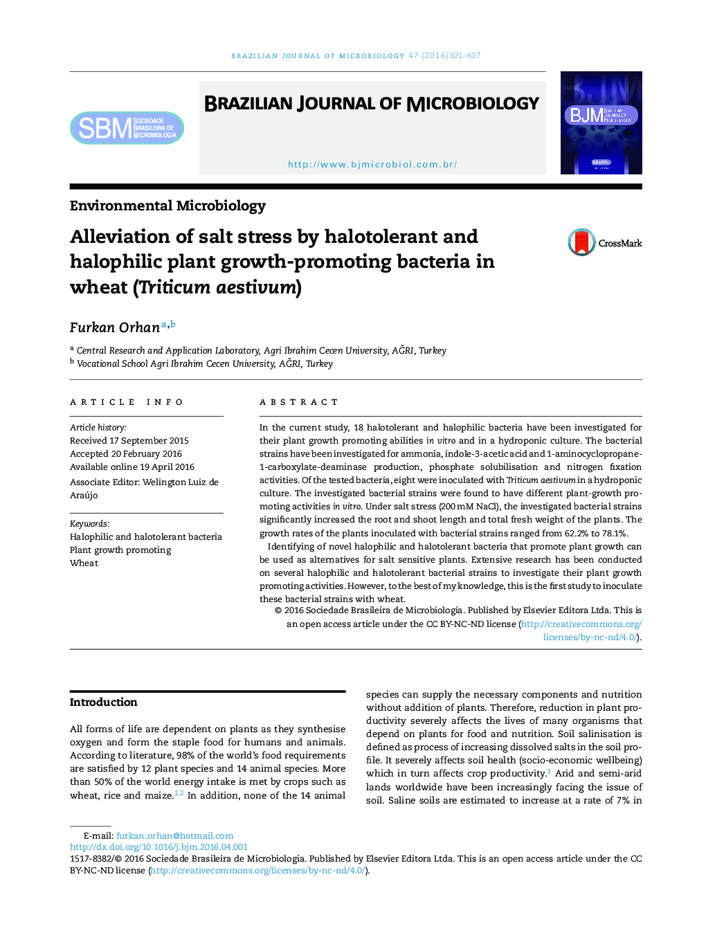 Alleviation of salt stress by halotolerant and halophilic plant growth-promoting bacteria in wheat (Triticum aestivum)