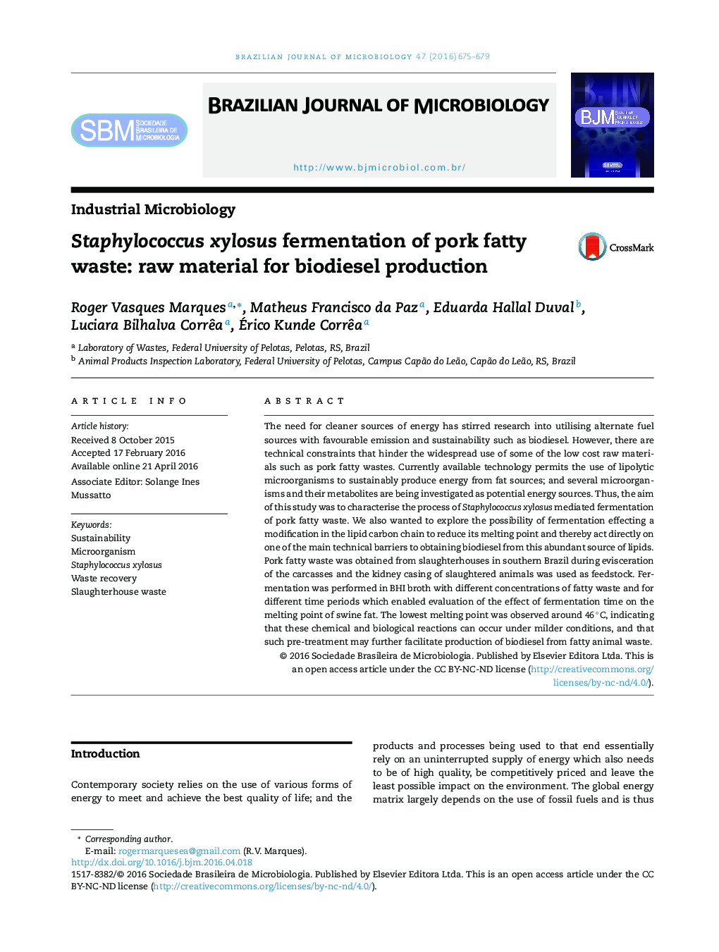Staphylococcus xylosus fermentation of pork fatty waste: raw material for biodiesel production