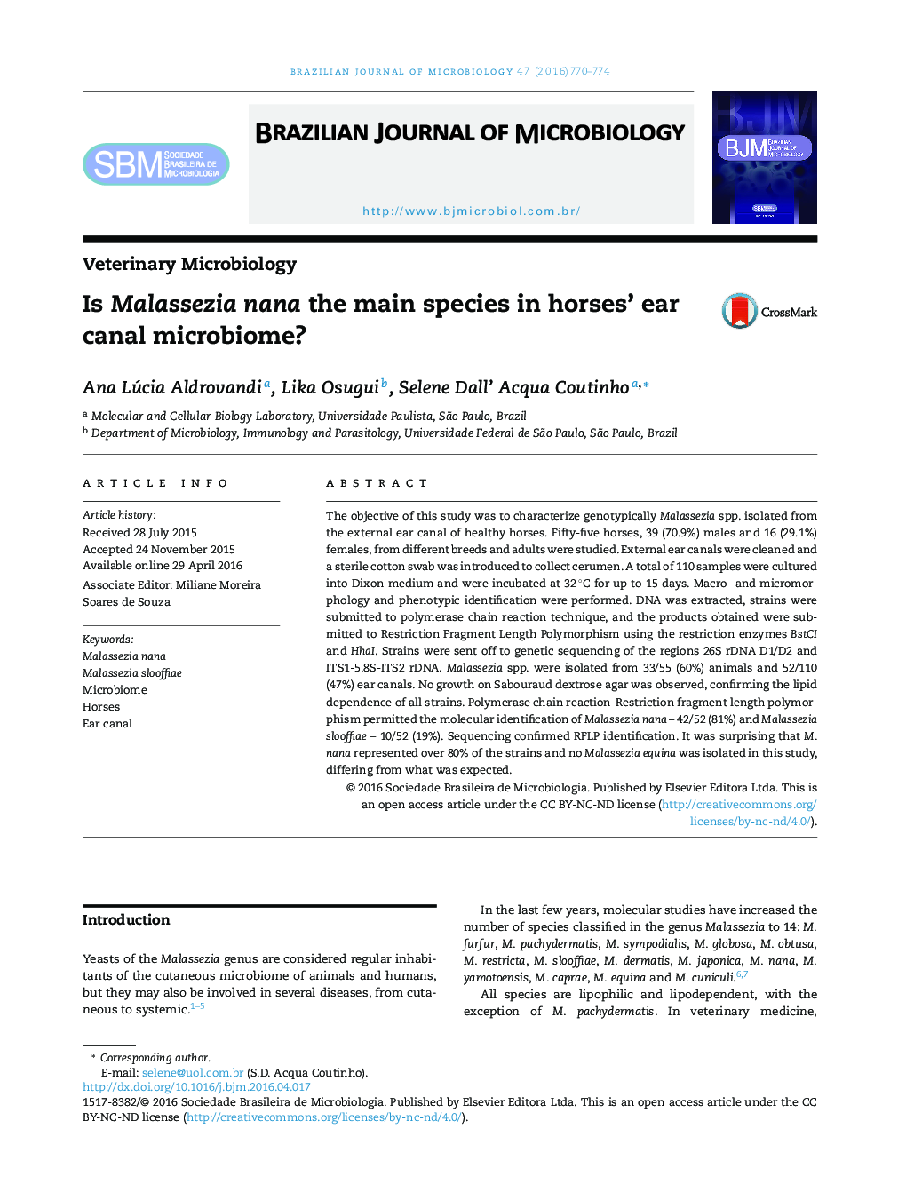 Is Malassezia nana the main species in horses’ ear canal microbiome?