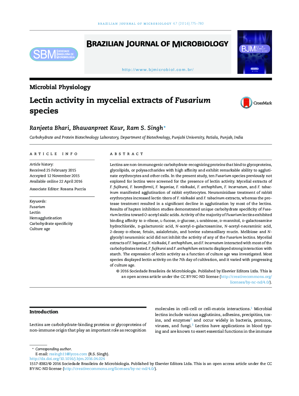 Lectin activity in mycelial extracts of Fusarium species