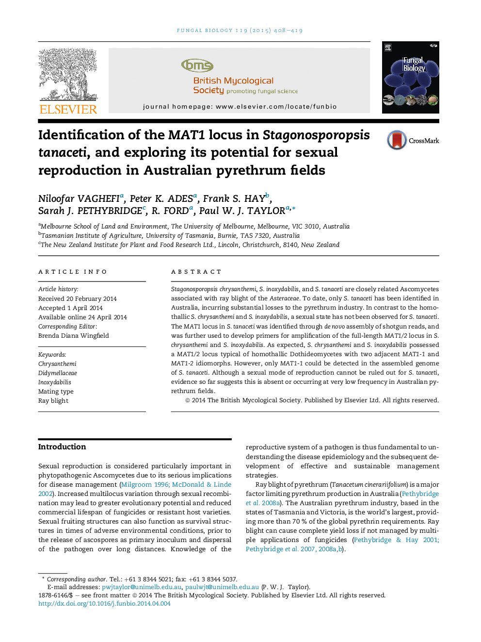 Identification of the MAT1 locus in Stagonosporopsis tanaceti, and exploring its potential for sexual reproduction in Australian pyrethrum fields