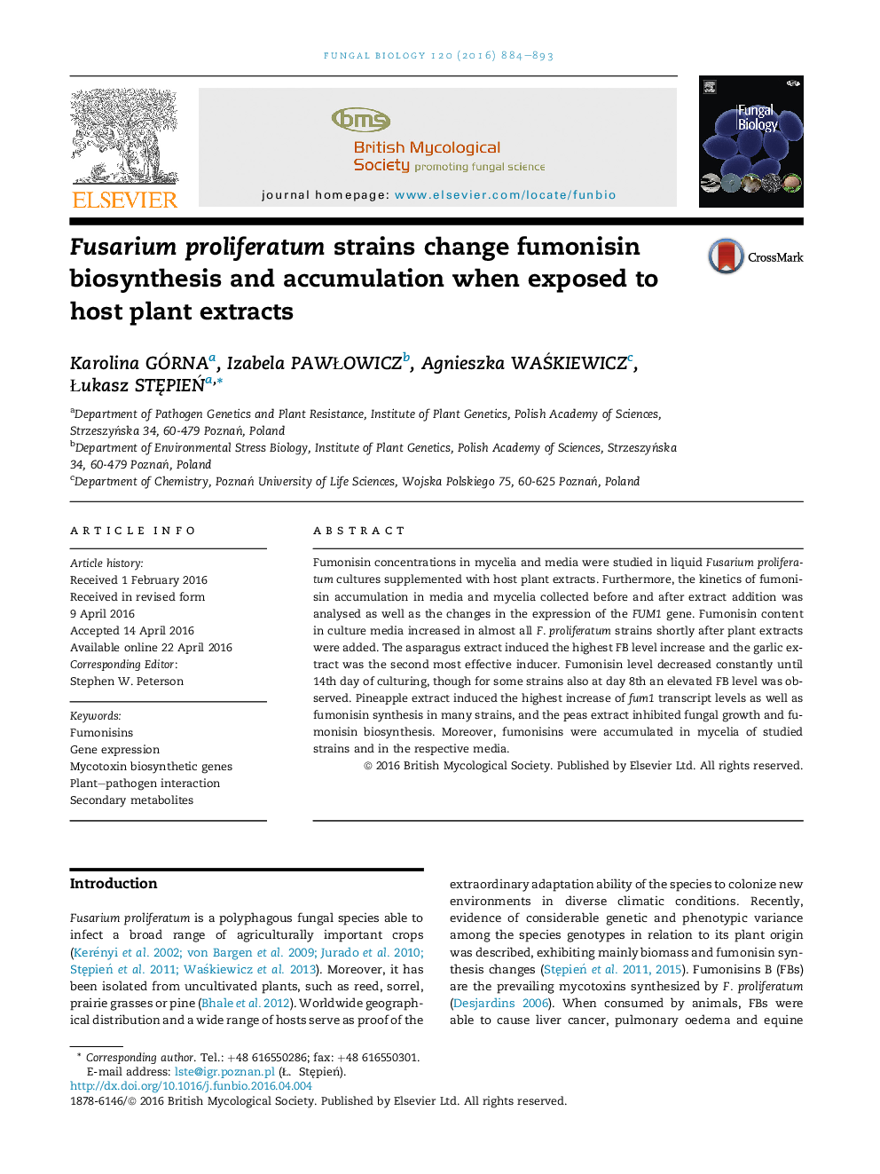 Fusarium proliferatum strains change fumonisin biosynthesis and accumulation when exposed to host plant extracts