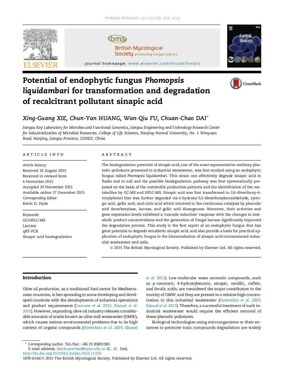 Potential of endophytic fungus Phomopsis liquidambari for transformation and degradation of recalcitrant pollutant sinapic acid