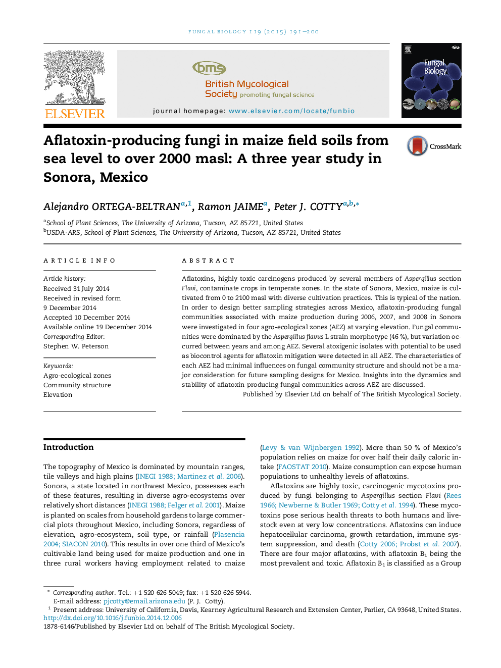 Aflatoxin-producing fungi in maize field soils from sea level to over 2000 masl: A three year study in Sonora, Mexico