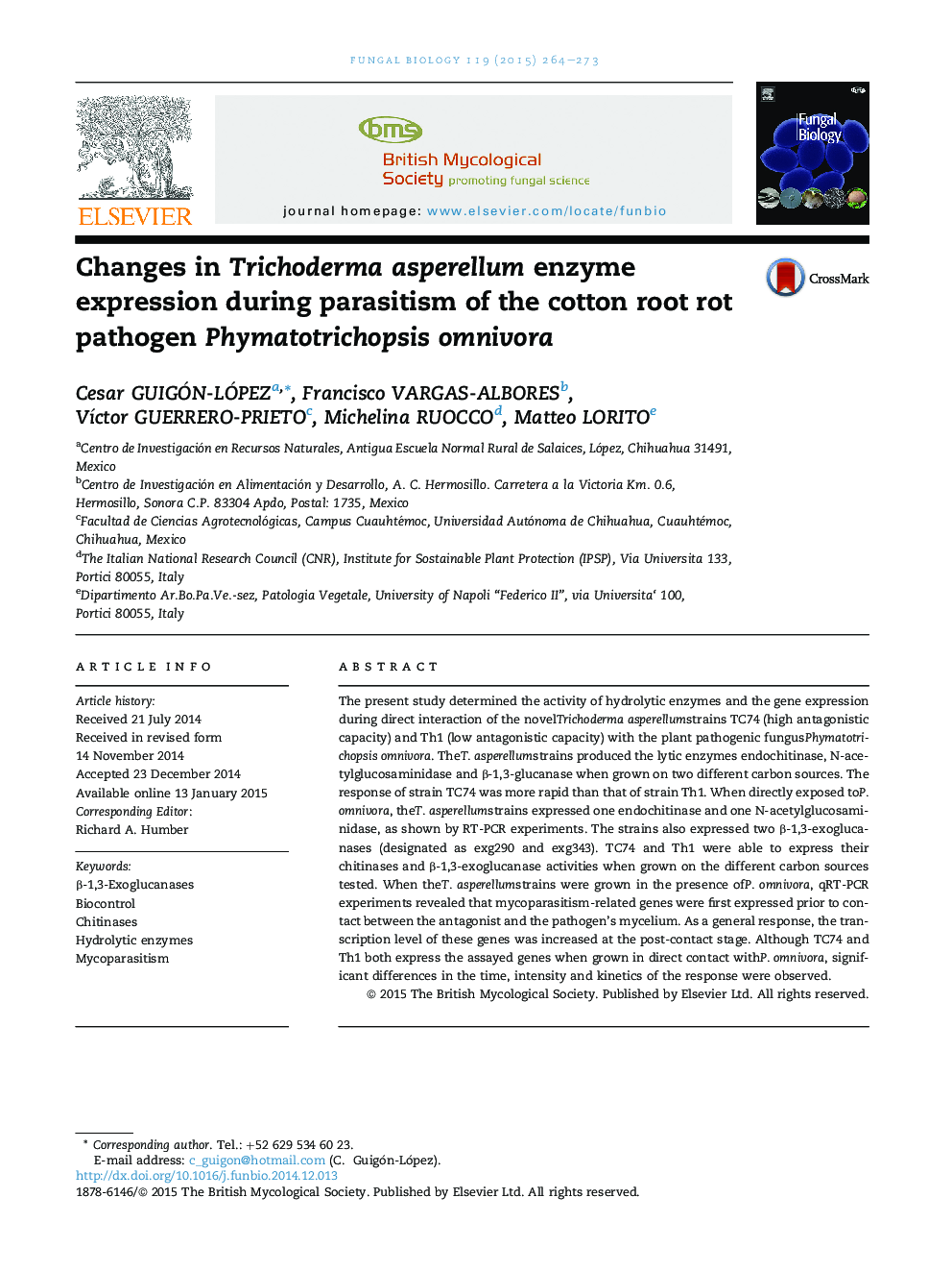 Changes in Trichoderma asperellum enzyme expression during parasitism of the cotton root rot pathogen Phymatotrichopsis omnivora
