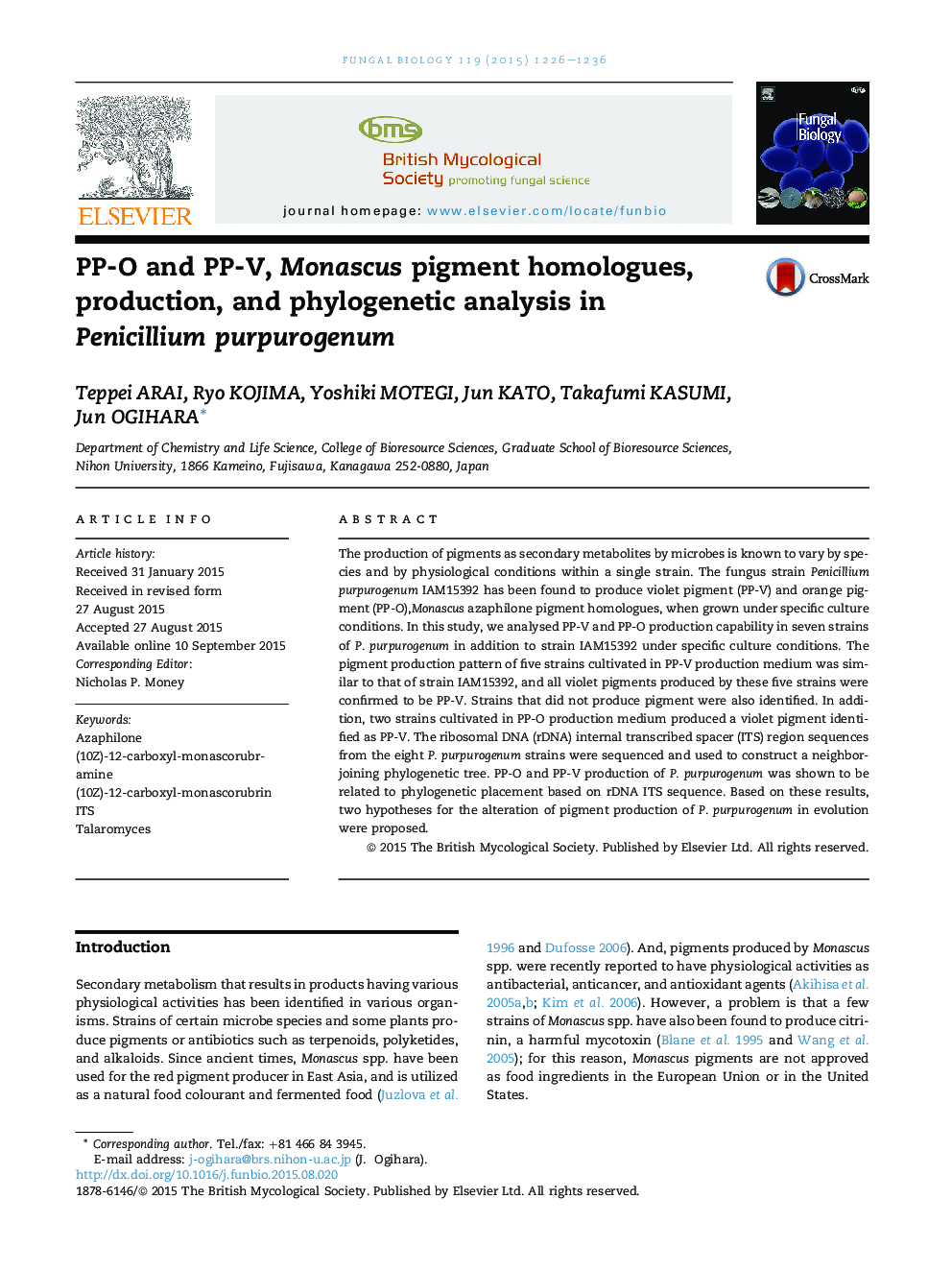 PP-O and PP-V, Monascus pigment homologues, production, and phylogenetic analysis in Penicillium purpurogenum
