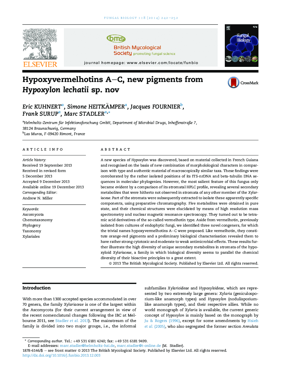 Hypoxyvermelhotins A-C, new pigments from Hypoxylon lechatii sp. nov