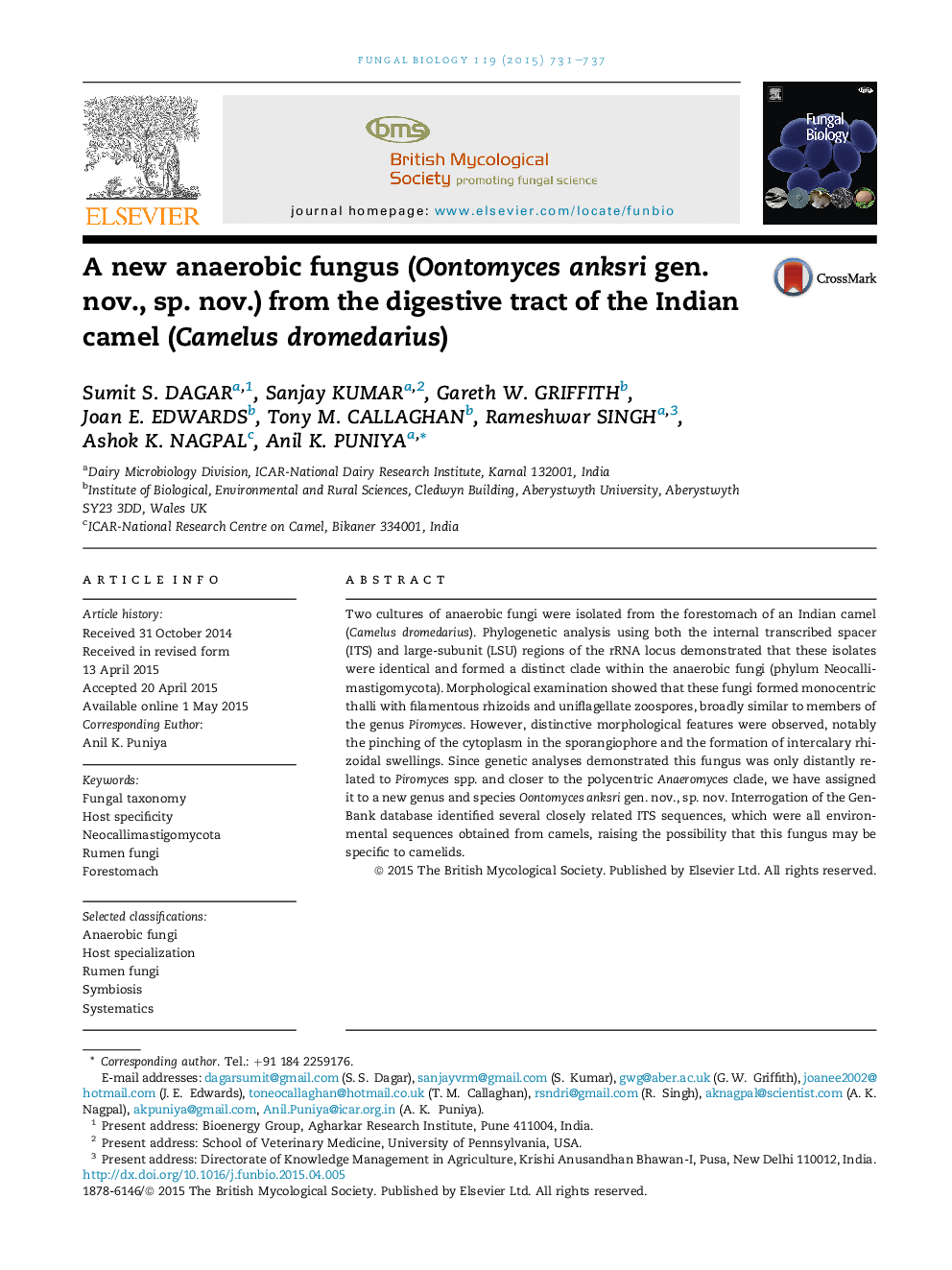 عکس صفحه اول مقاله: A new anaerobic fungus (Oontomyces anksri gen. nov., sp. nov.) from the digestive tract of the Indian camel (Camelus dromedarius) A new anaerobic fungus (Oontomyces anksri gen. nov., sp. nov.) from the digestive tract of the Indian camel (Camelus dromedarius)