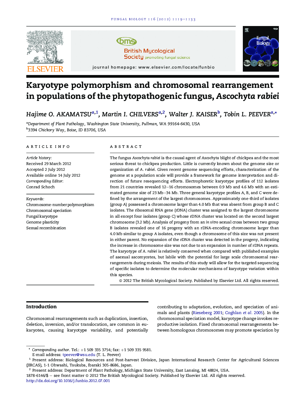 Karyotype polymorphism and chromosomal rearrangement in populations of the phytopathogenic fungus, Ascochyta rabiei