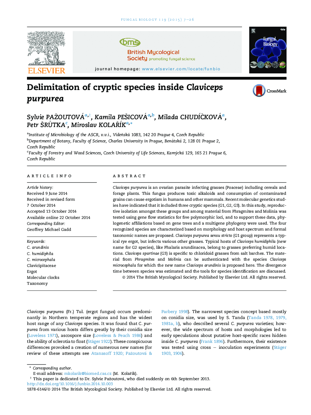 Delimitation of cryptic species inside Claviceps purpurea