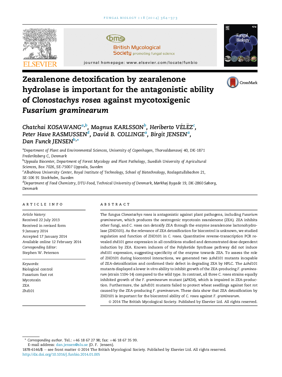 Zearalenone detoxification by zearalenone hydrolase is important for the antagonistic ability of Clonostachys rosea against mycotoxigenic Fusarium graminearum