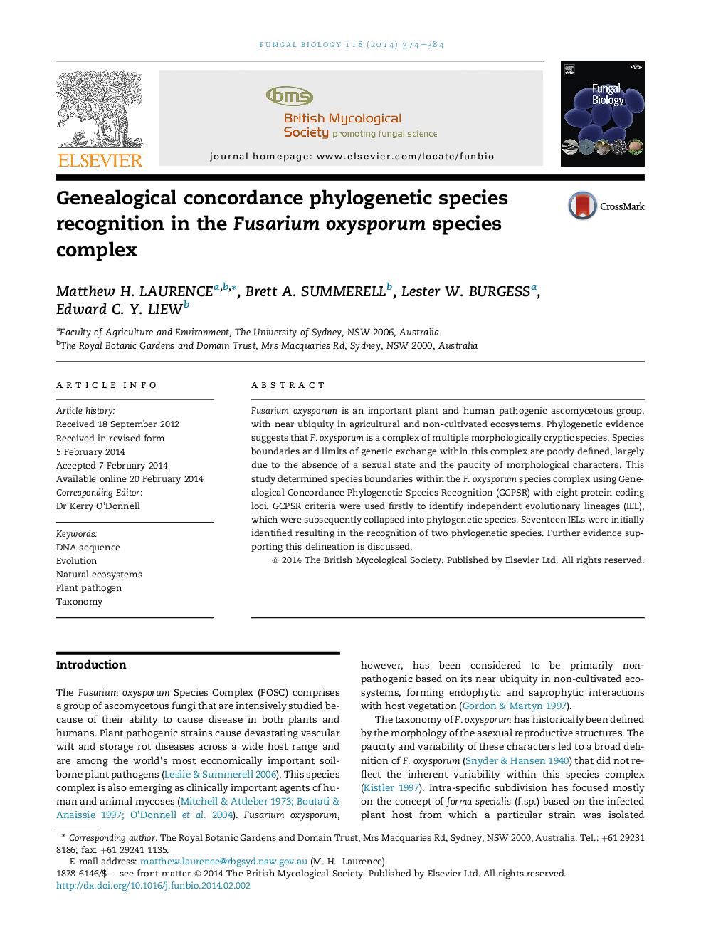 Genealogical concordance phylogenetic species recognition in the Fusarium oxysporum species complex