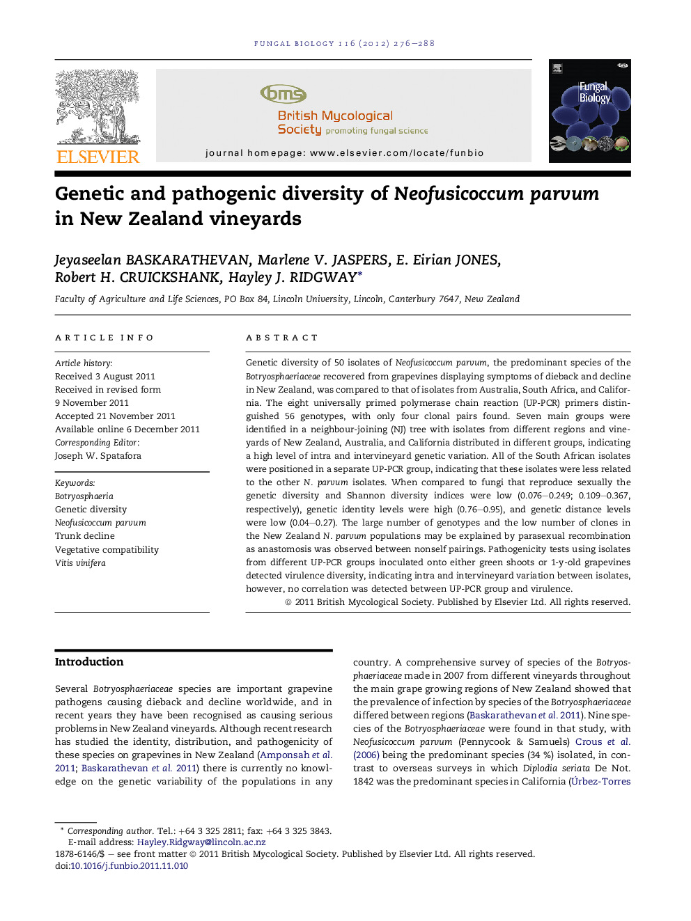 Genetic and pathogenic diversity of Neofusicoccum parvum in New Zealand vineyards