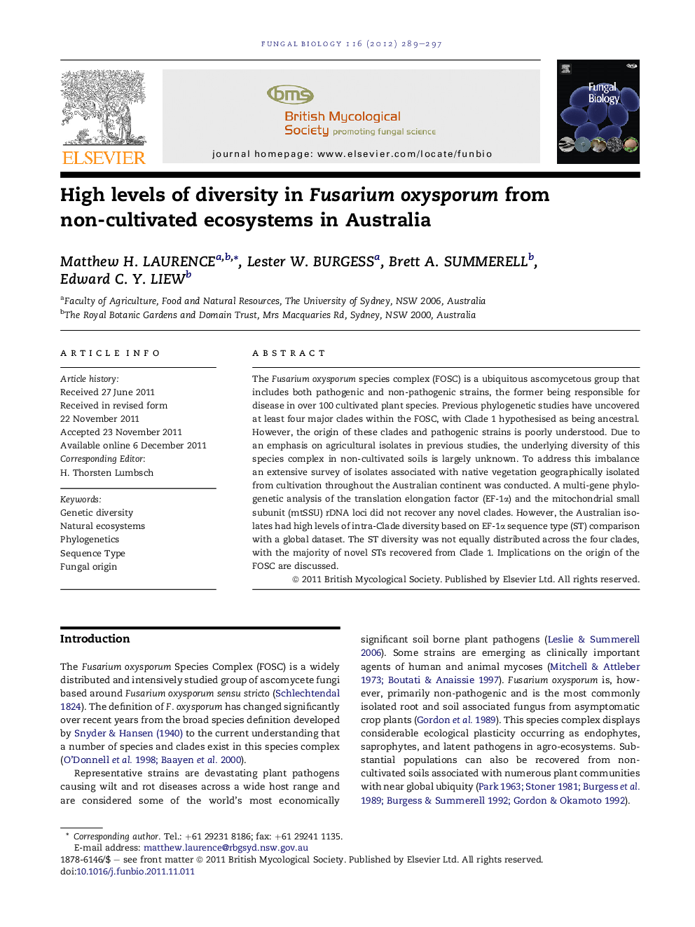 High levels of diversity in Fusarium oxysporum from non-cultivated ecosystems in Australia