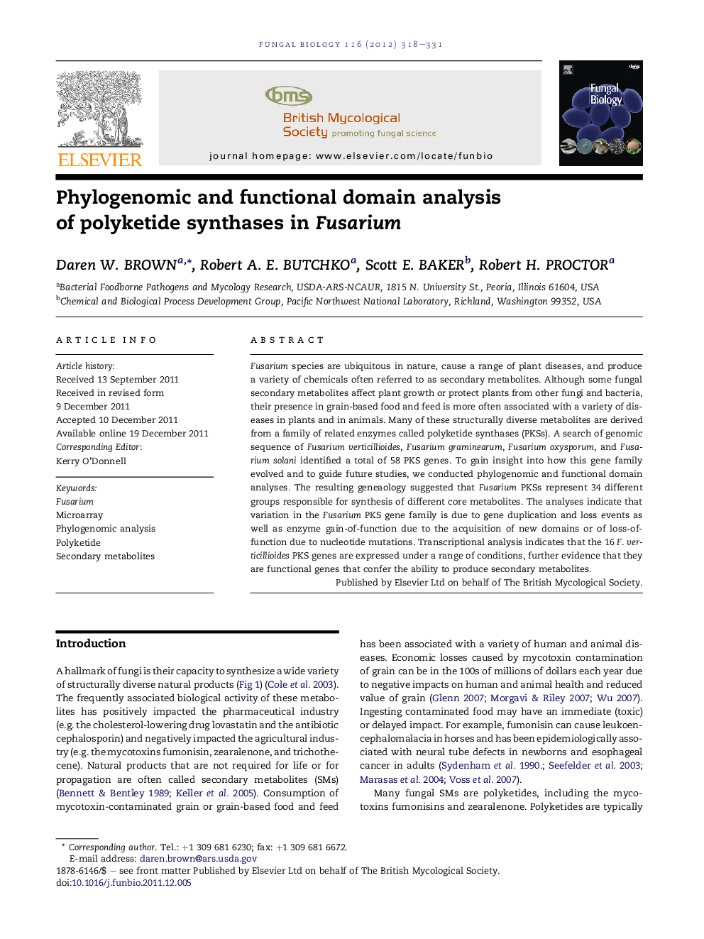 Phylogenomic and functional domain analysis of polyketide synthases in Fusarium