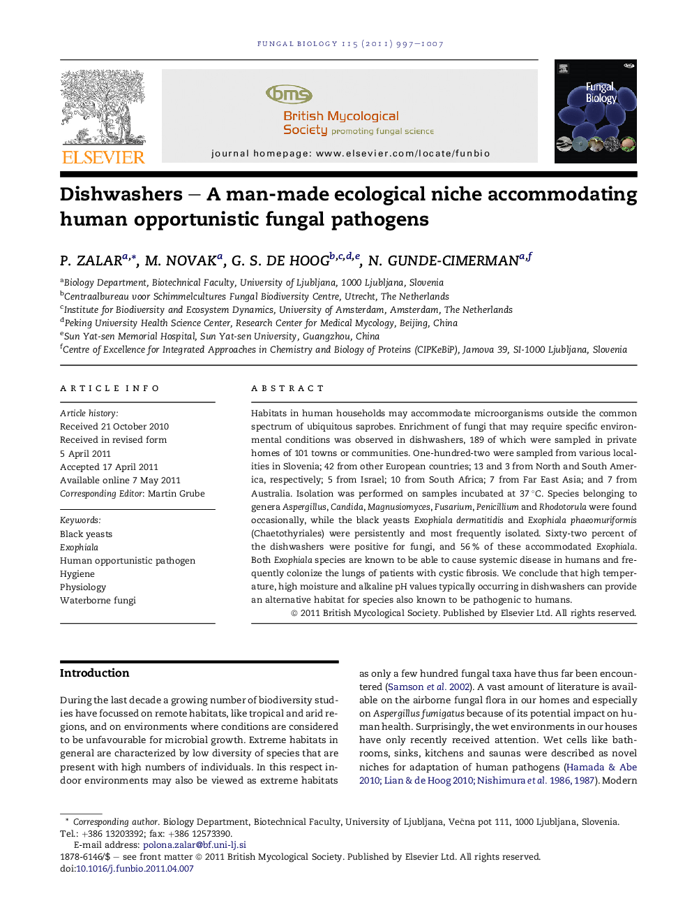 Dishwashers – A man-made ecological niche accommodating human opportunistic fungal pathogens