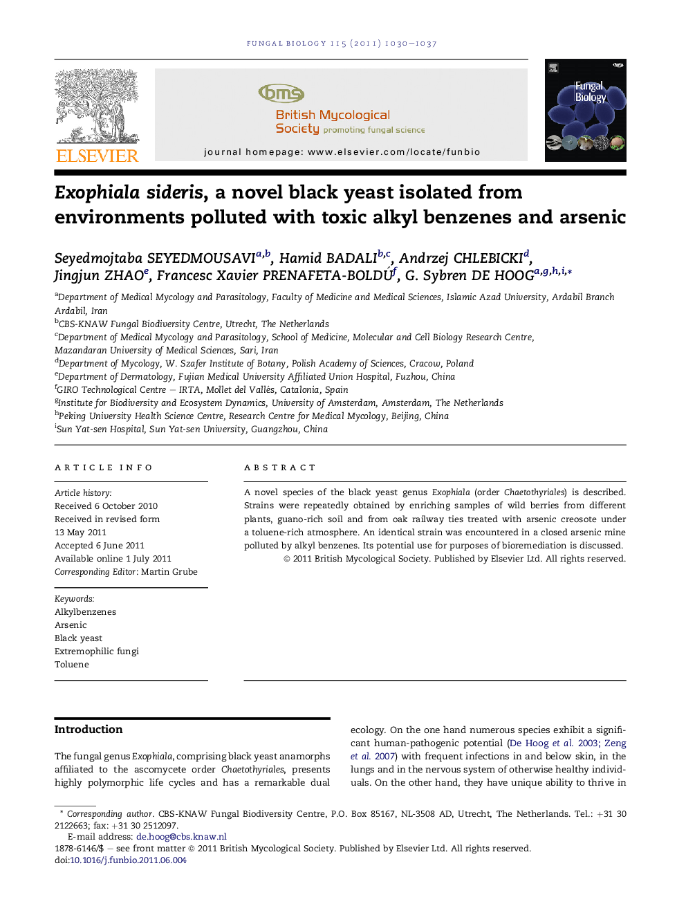 Exophiala sideris, a novel black yeast isolated from environments polluted with toxic alkyl benzenes and arsenic