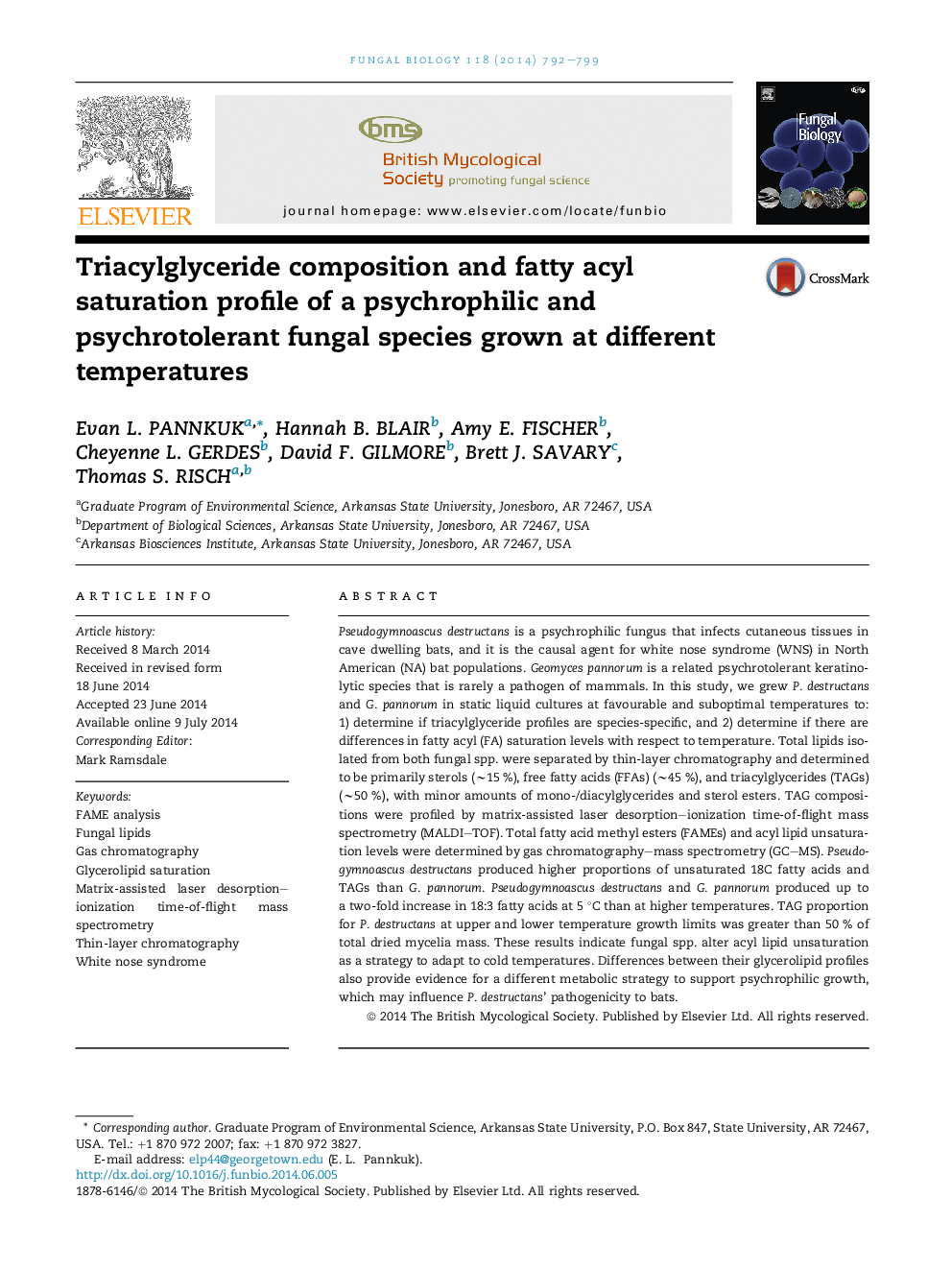 Triacylglyceride composition and fatty acyl saturation profile of a psychrophilic and psychrotolerant fungal species grown at different temperatures