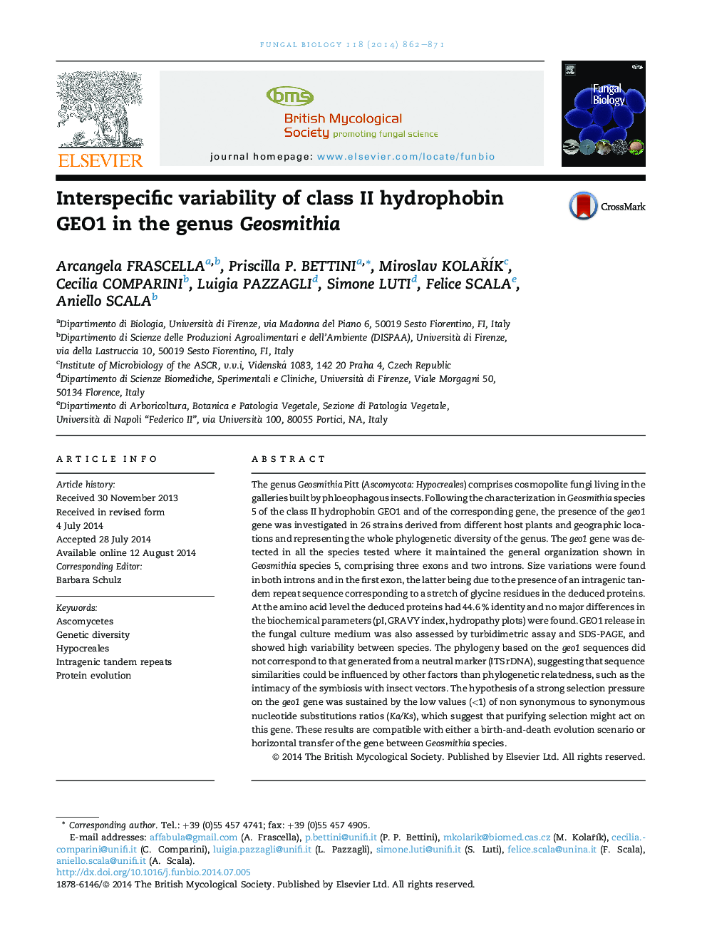 Interspecific variability of class II hydrophobin GEO1 in the genus Geosmithia