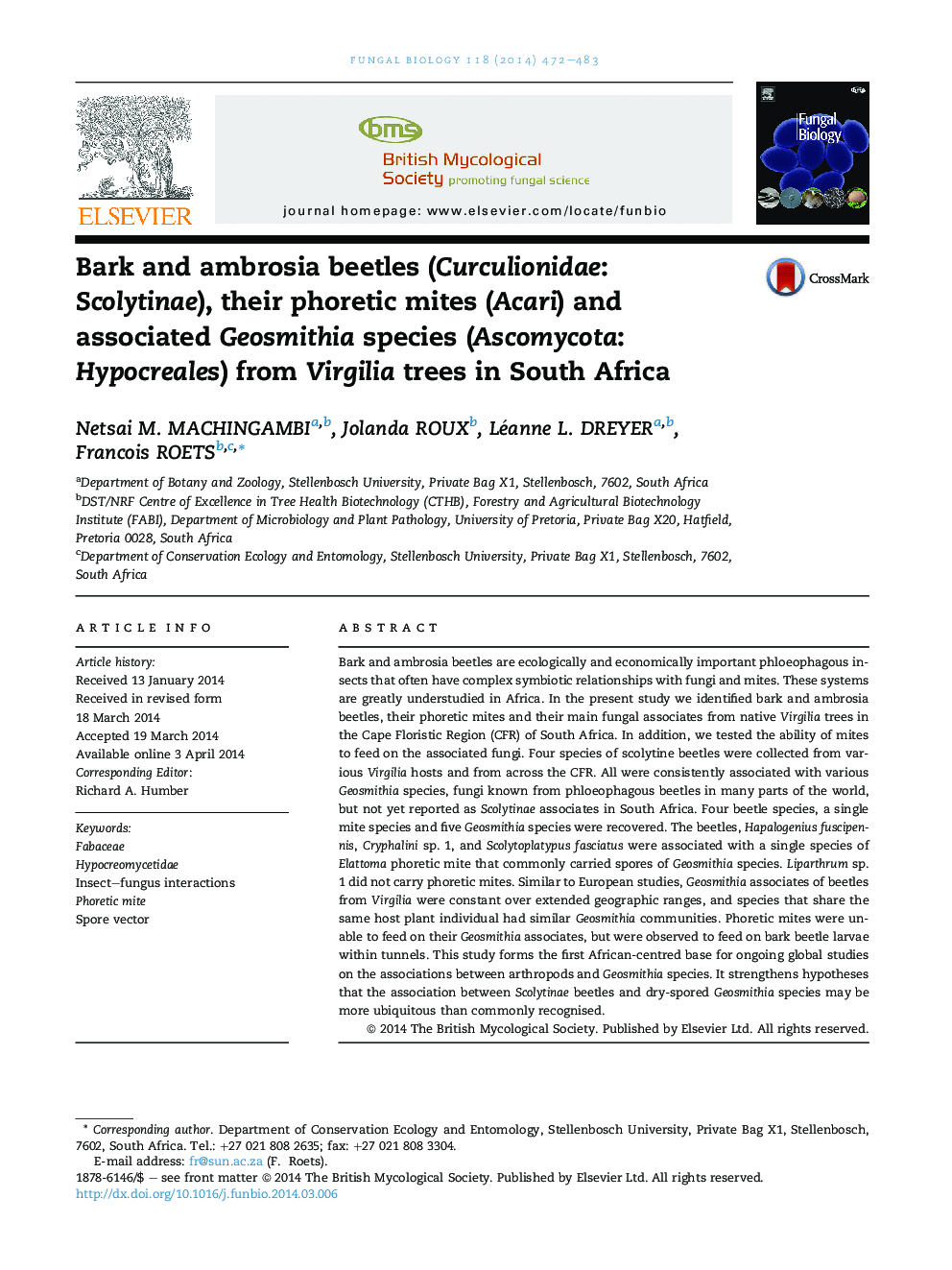 Bark and ambrosia beetles (Curculionidae: Scolytinae), their phoretic mites (Acari) and associated Geosmithia species (Ascomycota: Hypocreales) from Virgilia trees in South Africa