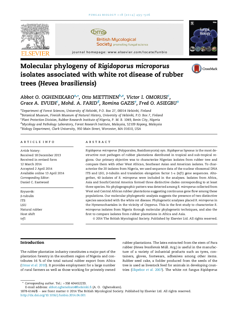 Molecular phylogeny of Rigidoporus microporus isolates associated with white rot disease of rubber trees (Hevea brasiliensis)