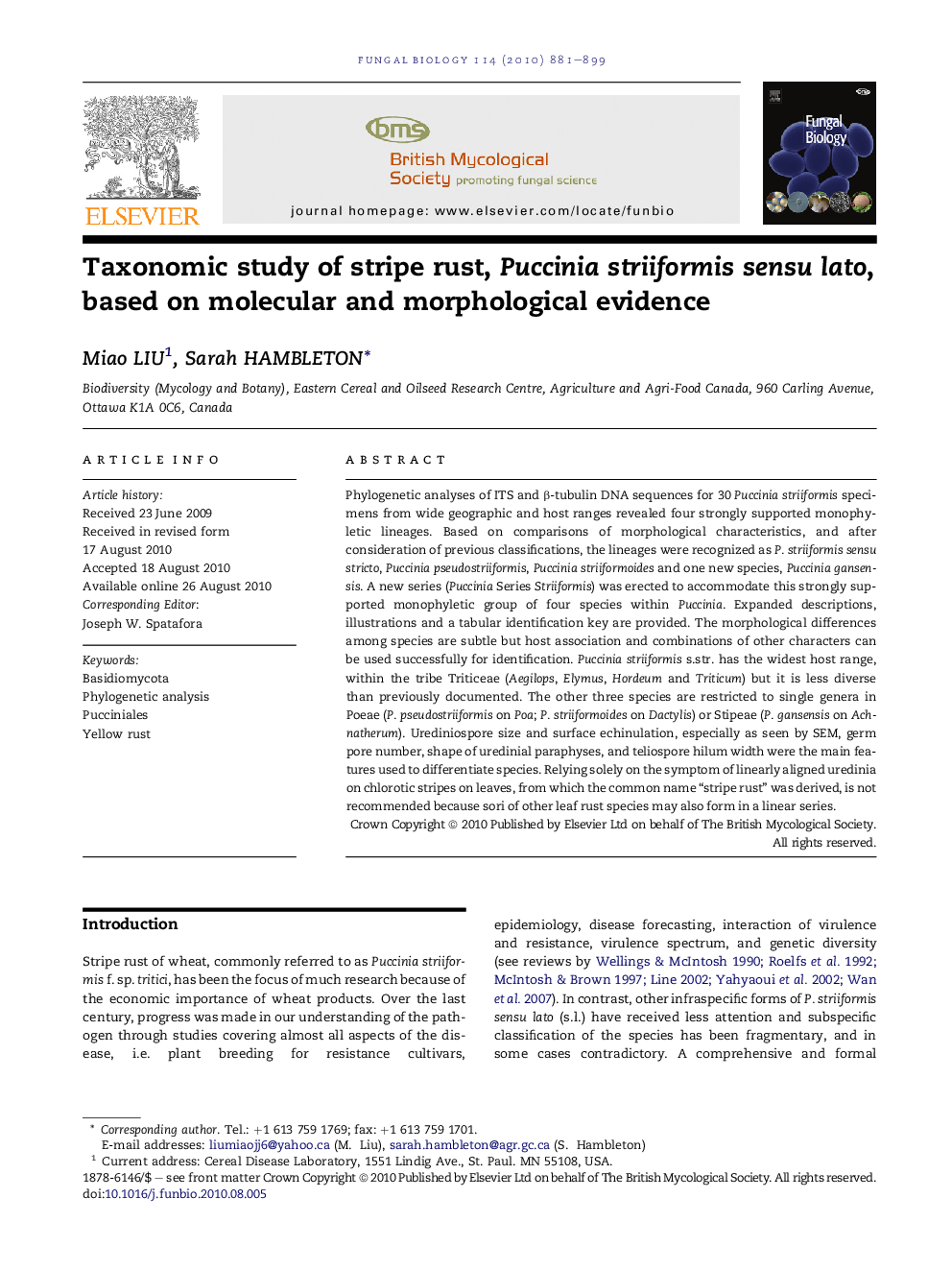 Taxonomic study of stripe rust, Puccinia striiformis sensu lato, based on molecular and morphological evidence