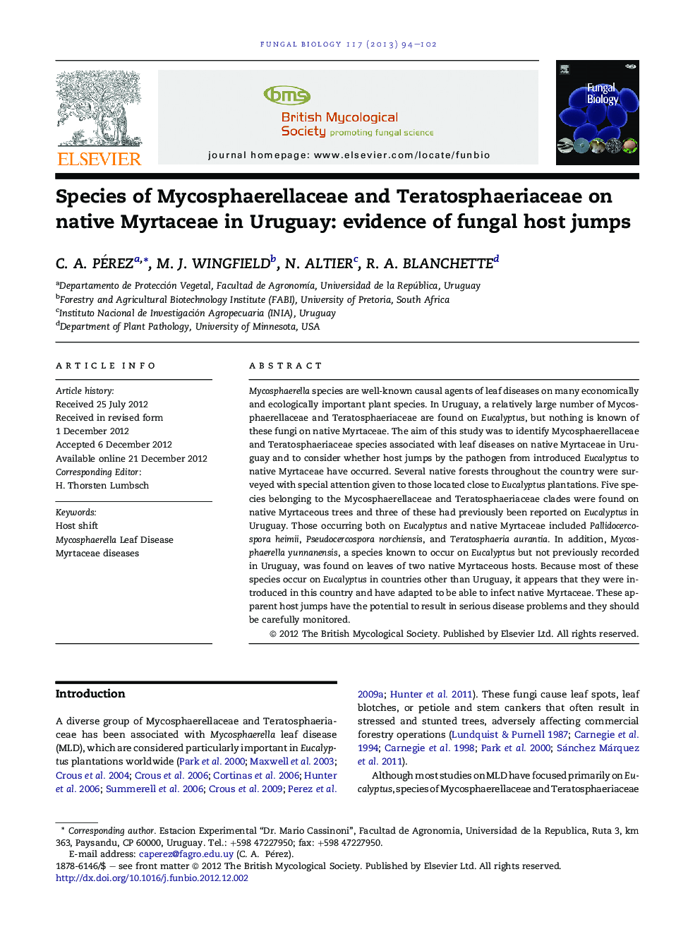 Species of Mycosphaerellaceae and Teratosphaeriaceae on native Myrtaceae in Uruguay: evidence of fungal host jumps