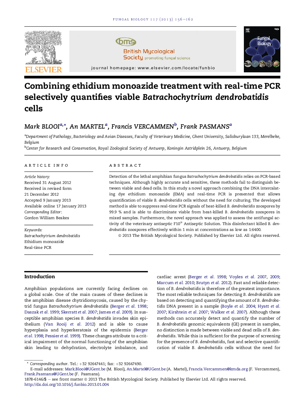 Combining ethidium monoazide treatment with real-time PCR selectively quantifies viable Batrachochytrium dendrobatidis cells