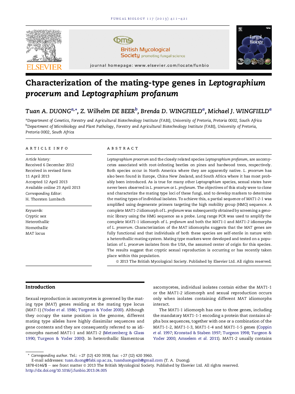 عکس صفحه اول مقاله: Characterization of the mating-type genes in Leptographium procerum and Leptographium profanum Characterization of the mating-type genes in Leptographium procerum and Leptographium profanum