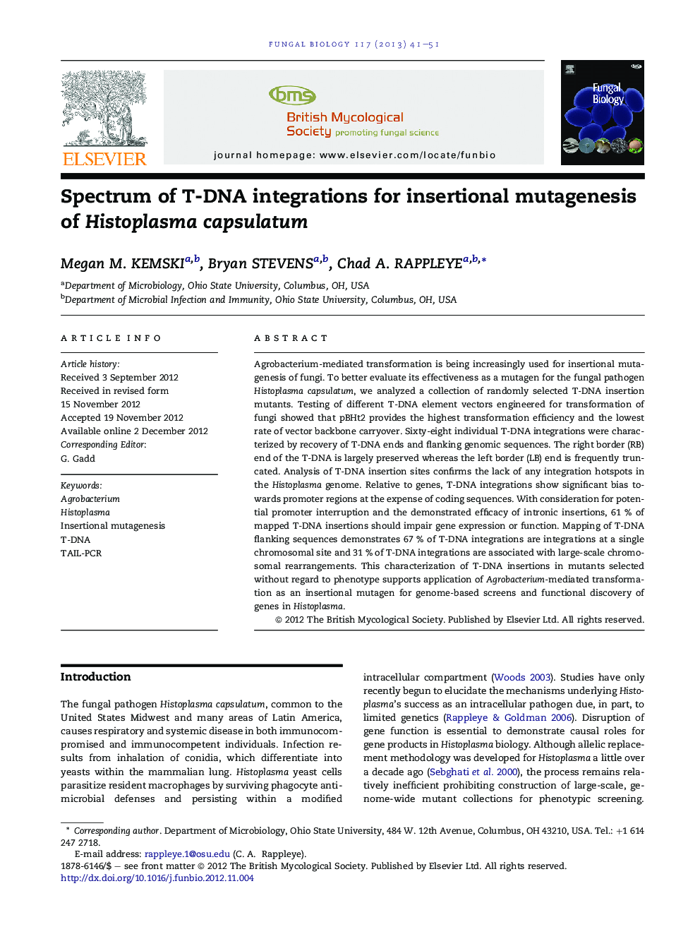 Spectrum of T-DNA integrations for insertional mutagenesis of Histoplasma capsulatum