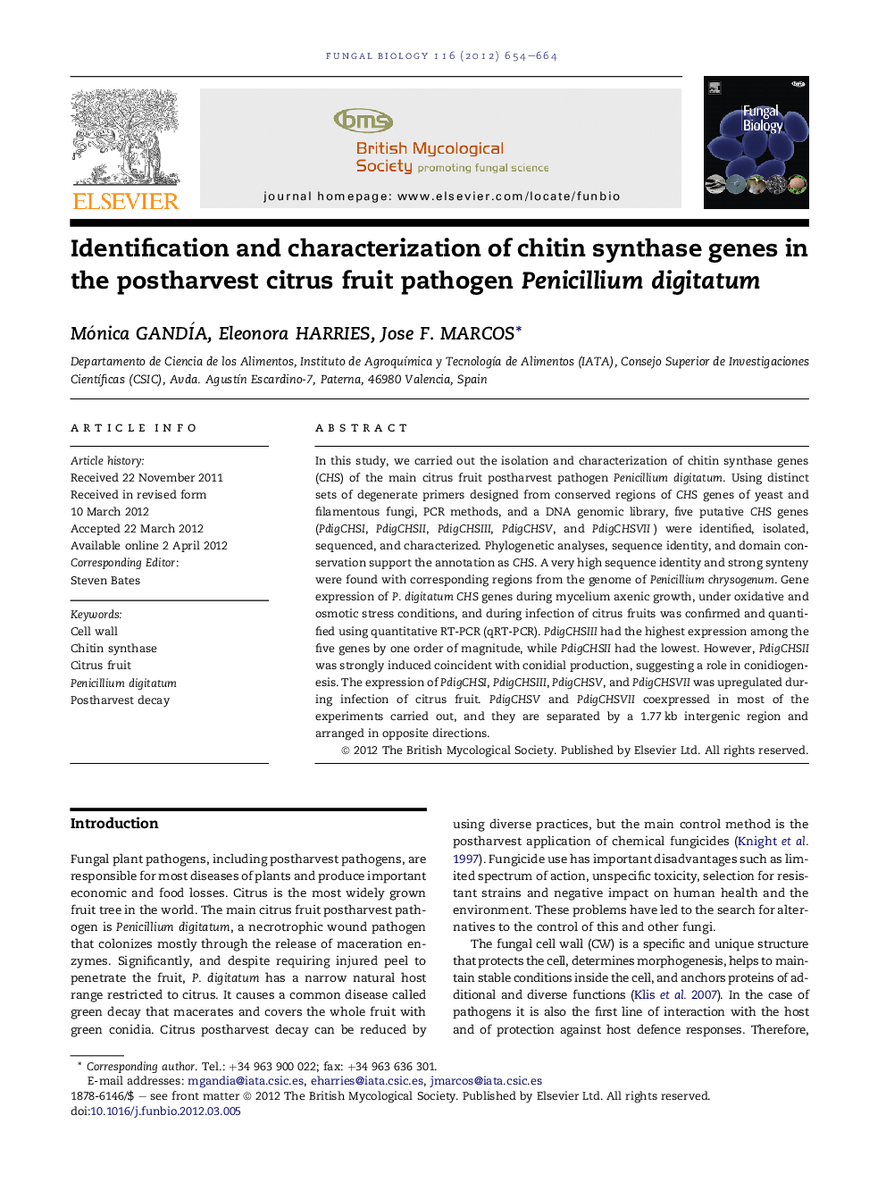 Identification and characterization of chitin synthase genes in the postharvest citrus fruit pathogen Penicillium digitatum