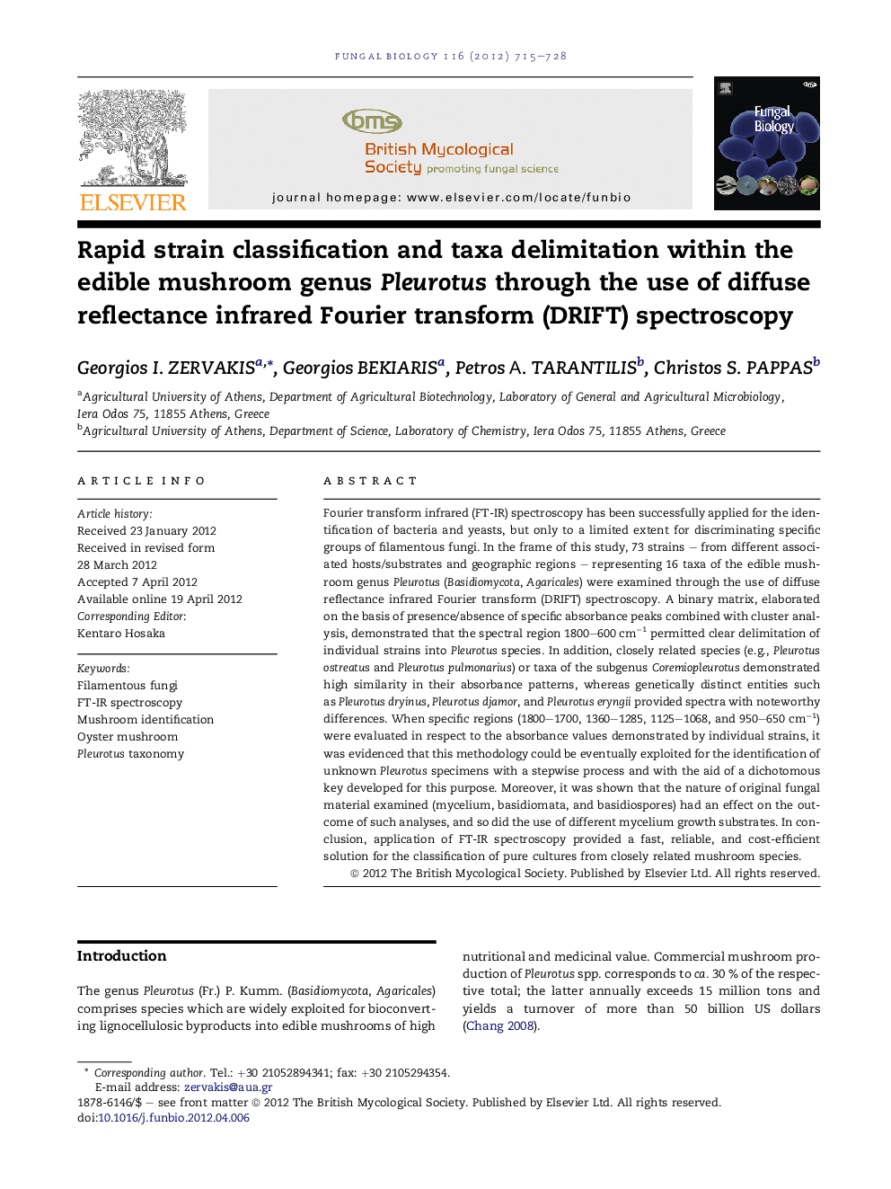 Rapid strain classification and taxa delimitation within the edible mushroom genus Pleurotus through the use of diffuse reflectance infrared Fourier transform (DRIFT) spectroscopy