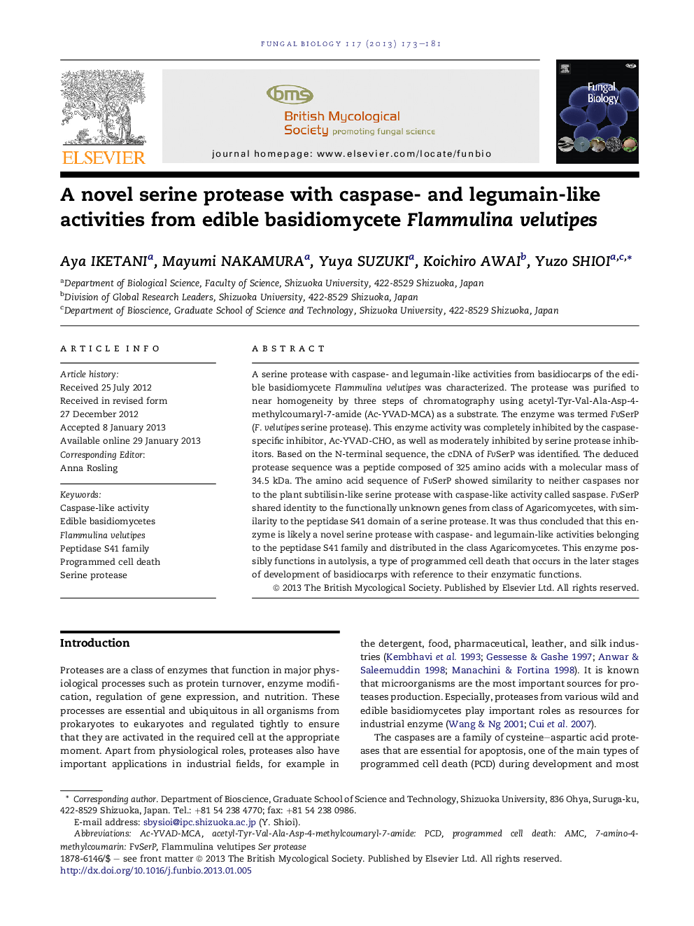 A novel serine protease with caspase- and legumain-like activities from edible basidiomycete Flammulina velutipes