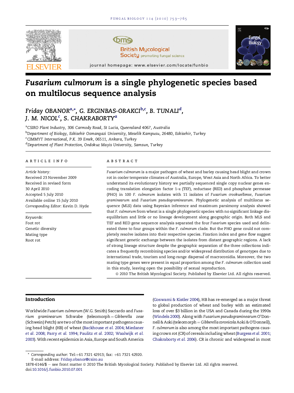 Fusarium culmorum is a single phylogenetic species based on multilocus sequence analysis