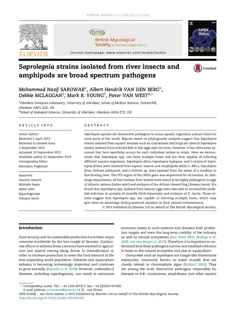 Saprolegnia strains isolated from river insects and amphipods are broad spectrum pathogens