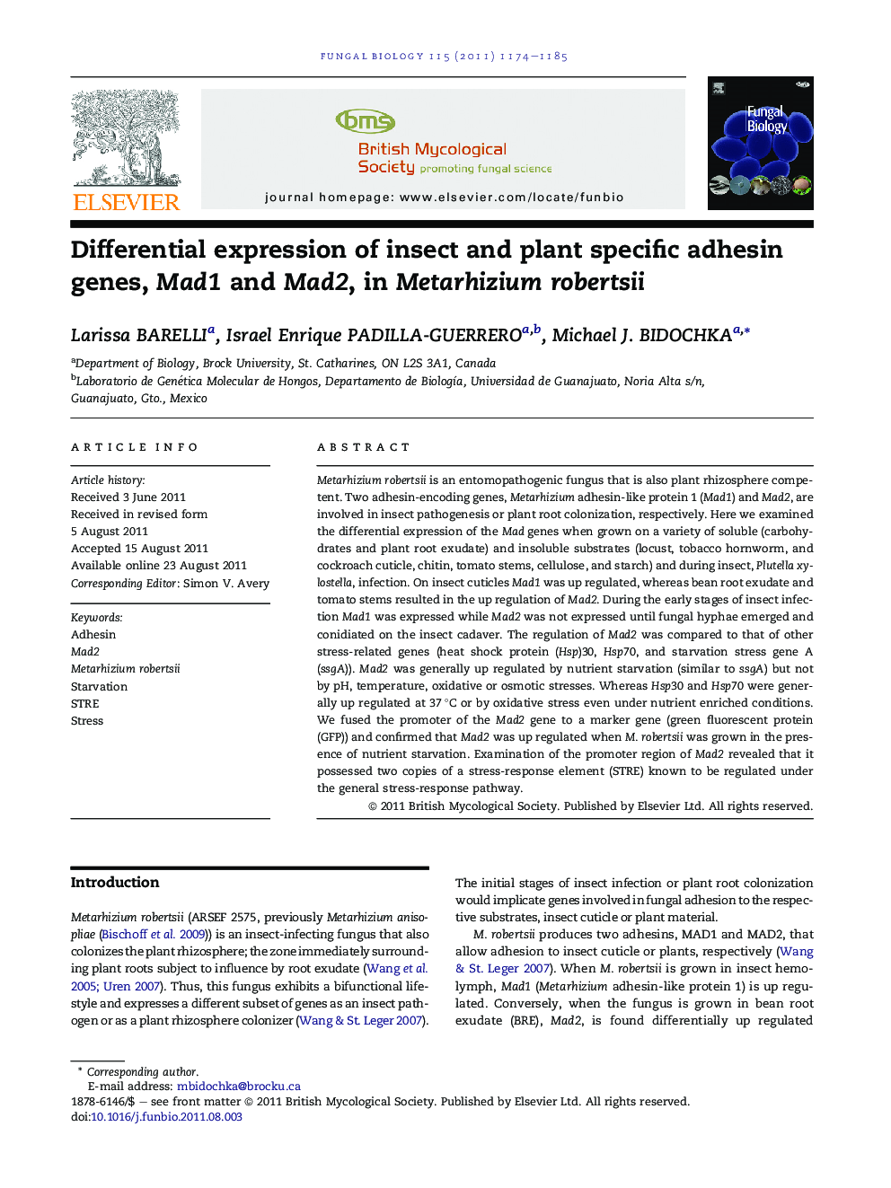 Differential expression of insect and plant specific adhesin genes, Mad1 and Mad2, in Metarhizium robertsii